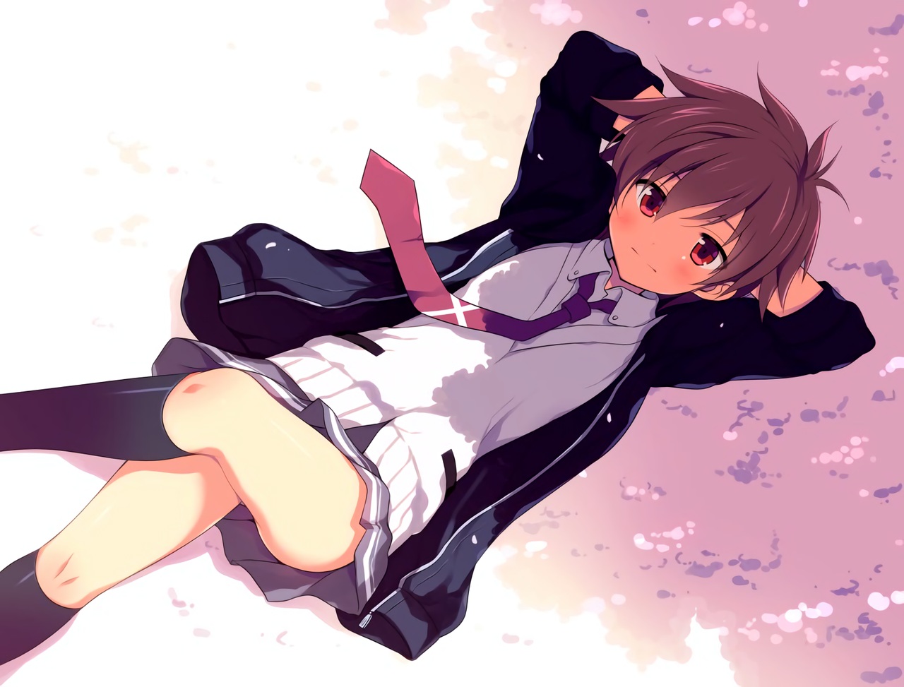brown_hair, eguchi_sera, kneehighs, odawara_hakone, red_eyes, saki, school_uniform, shade, short_hair, skirt, tie, waifu2x