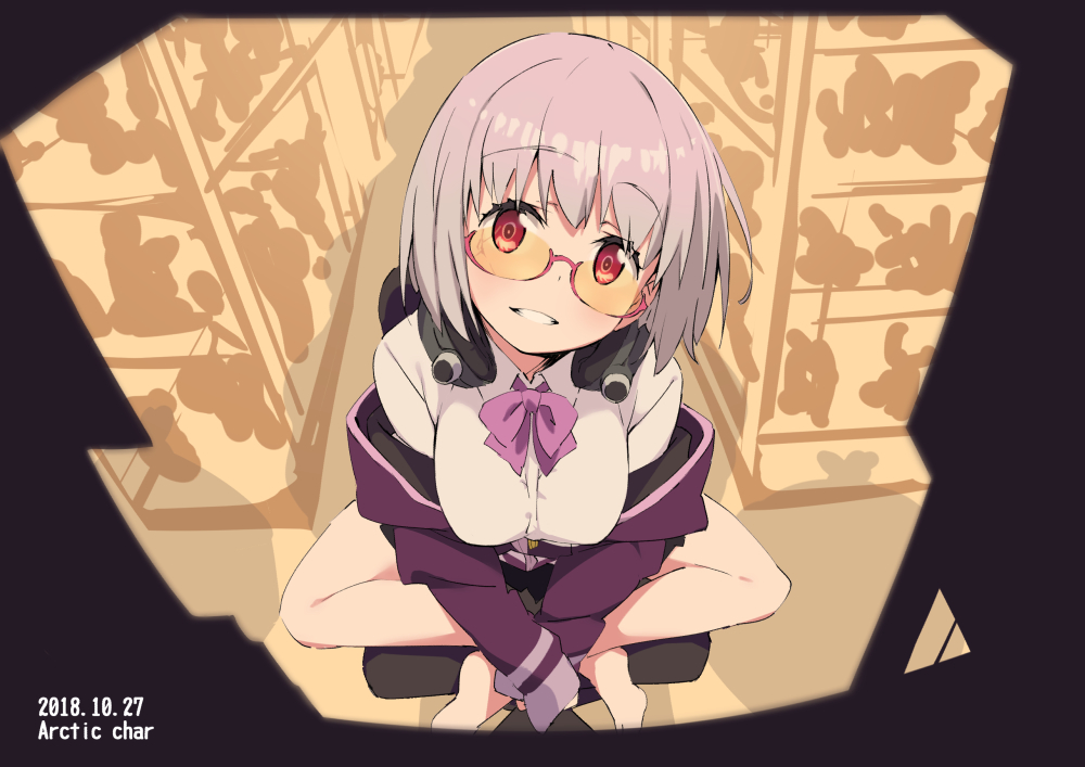 barefoot, bow, breasts, glasses, headphones, purple_hair, red_eyes, school_uniform