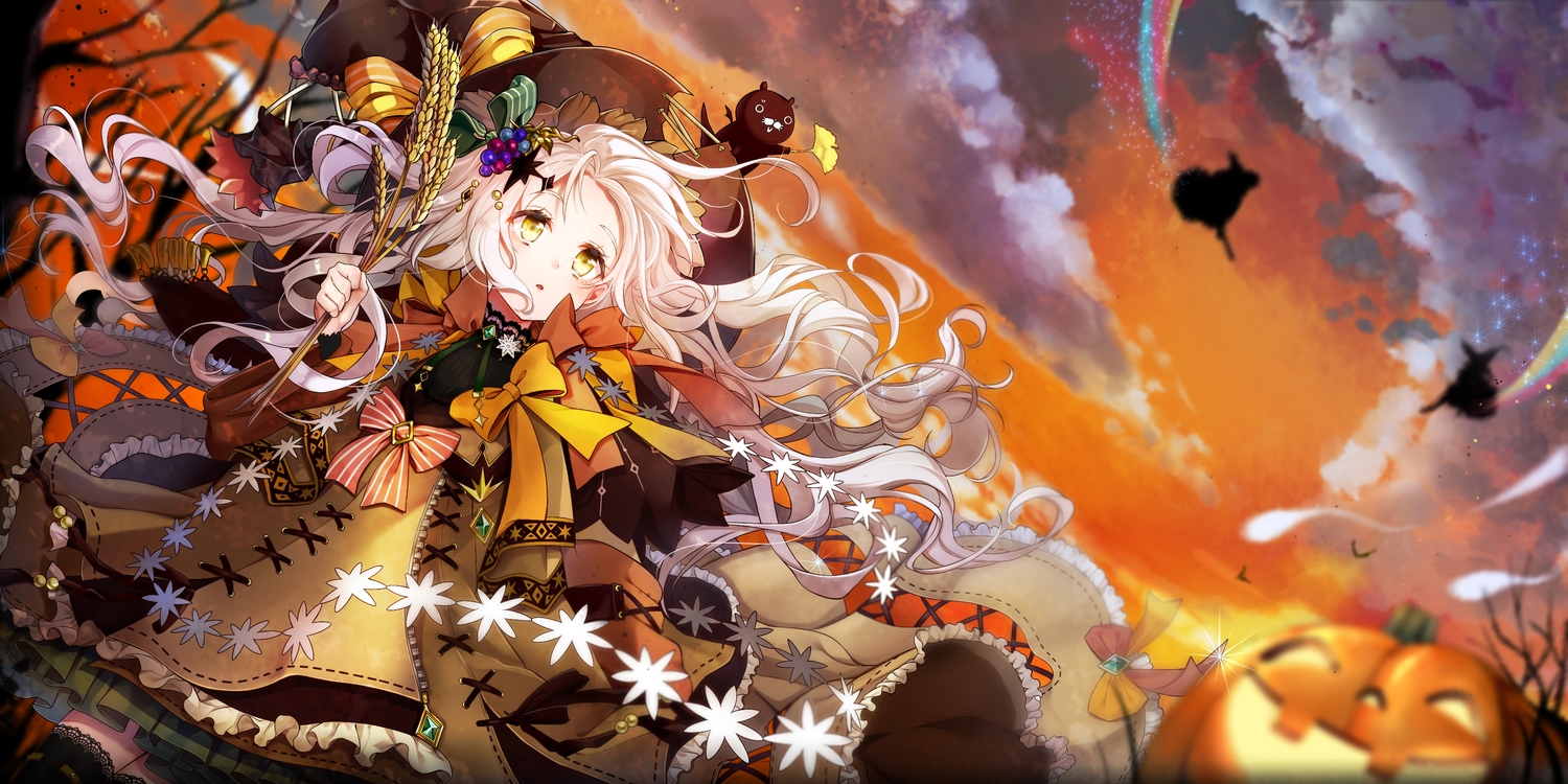 halloween, long_hair, maronie., original, pumpkin, white_hair, witch, yellow_eyes
