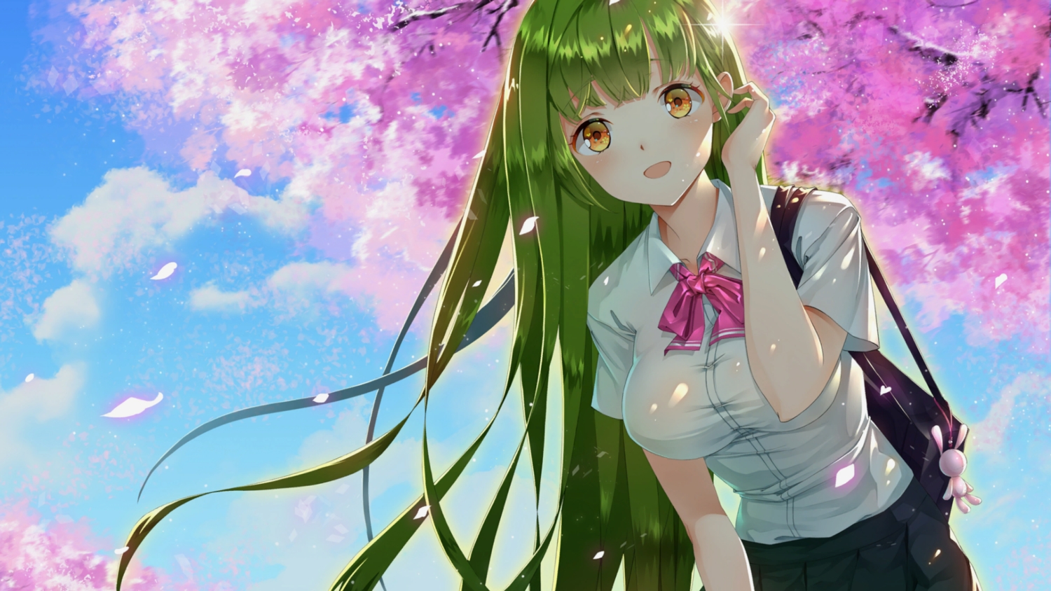 cherry_blossoms, flowers, game_cg, green_hair, long_hair, mirror_(game), school_uniform, succubus_leah, tagme_(artist), yellow_eyes