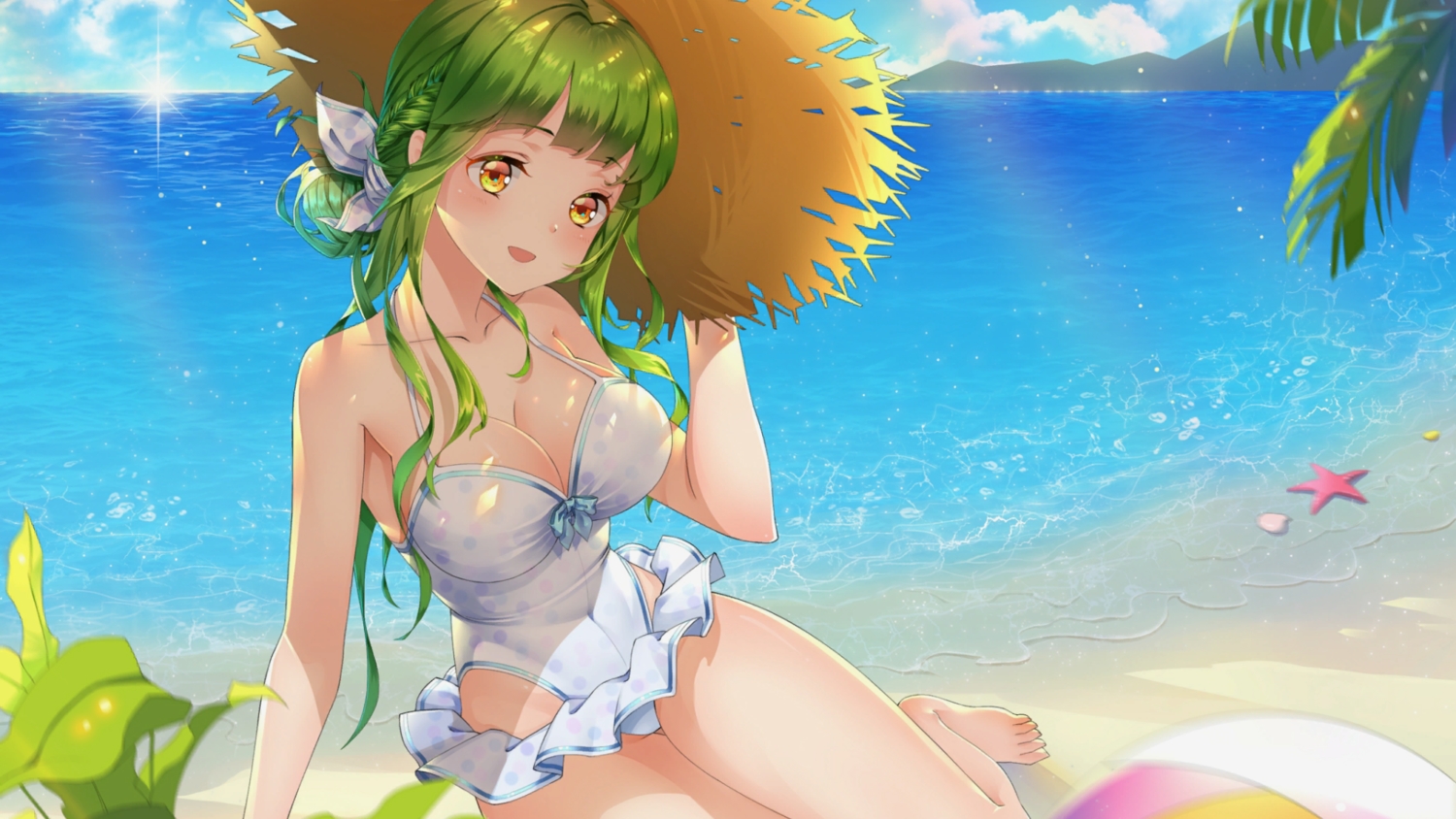 beach, braids, breasts, cleavage, game_cg, green_hair, hat, long_hair, mirror_(game), succubus_leah, summer, swimsuit, tagme_(artist), water, yellow_eyes