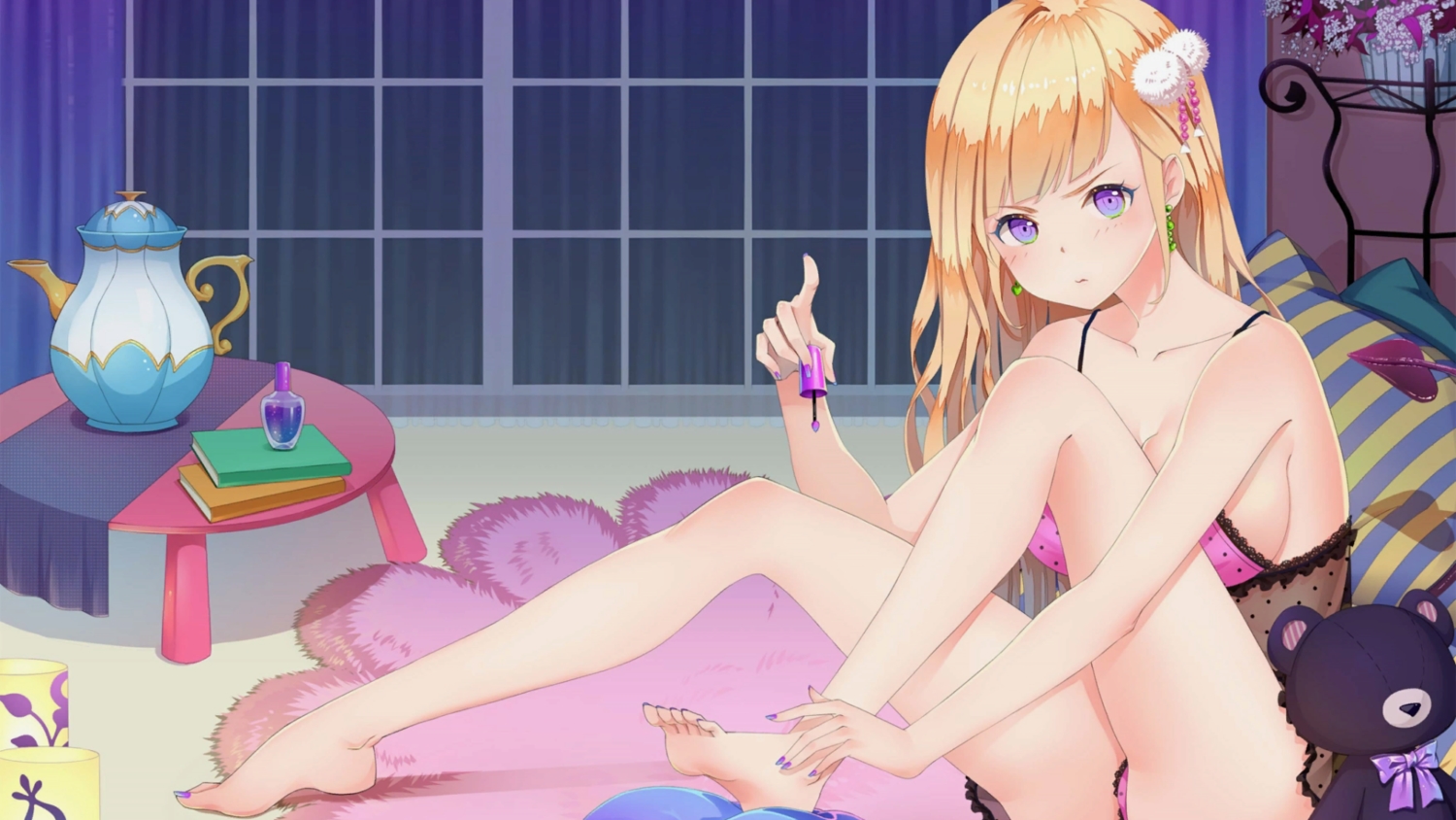 bed, blonde_hair, game_cg, long_hair, mirror_(game), purple_eyes, succubus_leah, tagme_(artist)