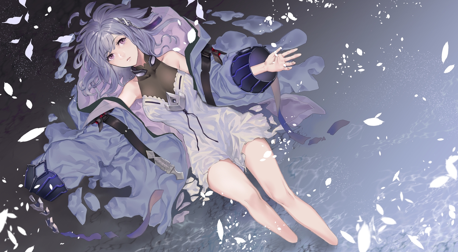 blue_hair, dress, hood, iron_saga, purple_eyes, short_hair, teresa_(iron_saga), water, yamanashi_kawanashi