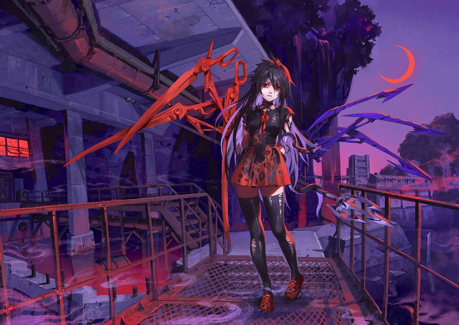 animal, black_hair, dress, gothic, houjuu_nue, industrial, long_hair, momiji_gari, moon, red_eyes, sky, snake, thighhighs, touhou, weapon, wings, zettai_ryouiki