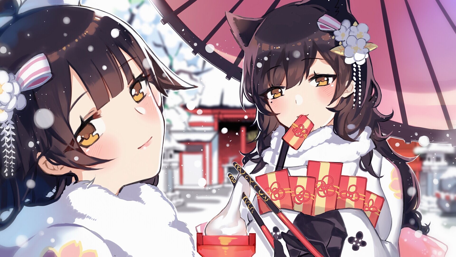 2girls, animal_ears, anthropomorphism, atago_(azur_lane), azur_lane, brown_hair, catgirl, close, food, ice_cream, ji_yue, long_hair, orange_eyes, scarf, shrine, snow, takao_(azur_lane), umbrella, winter