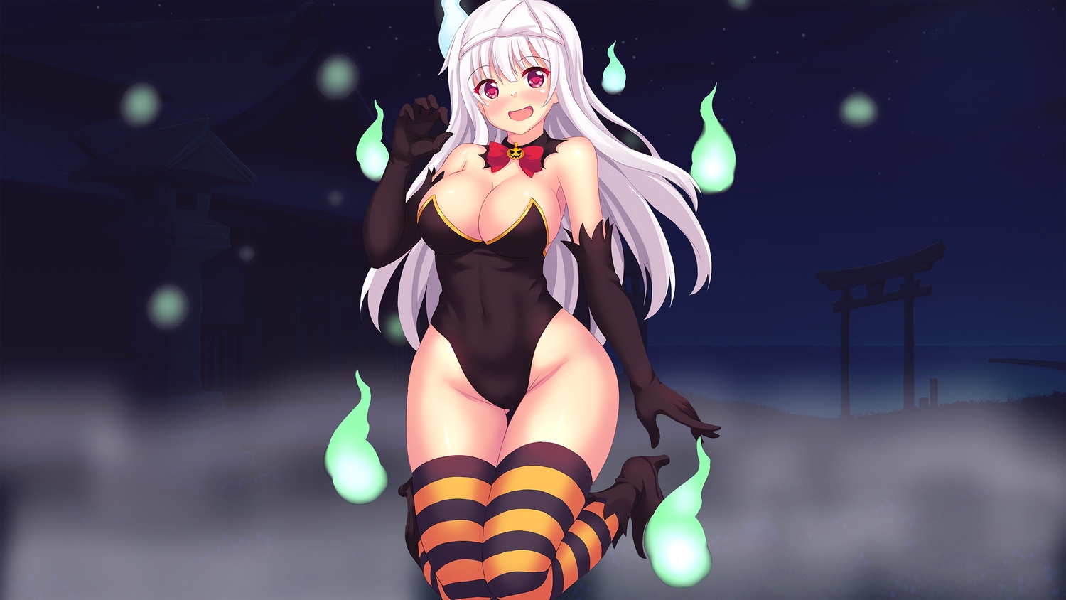 blush, bodysuit, bow, building, choker, elbow_gloves, fast-runner-2024, gloves, halloween, headband, long_hair, night, red_eyes, shrine, thighhighs, third-party_edit, torii, water, white_hair, yunohana_yuuna, yuragi-sou_no_yuuna-san