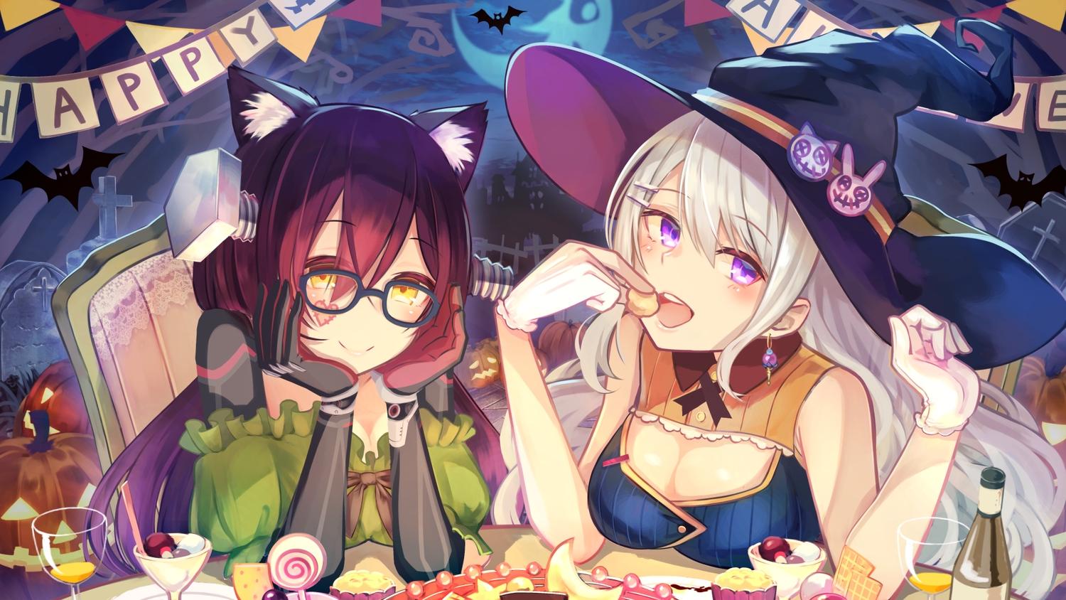 2girls, animal, animal_ears, bat, brat, breasts, candy, catgirl