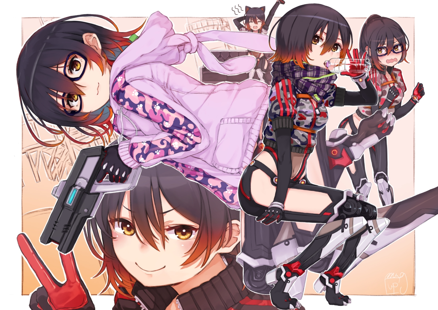 animal_ears, black_hair, bodysuit, brown_eyes, bunny_ears, cat_smile, close, drink