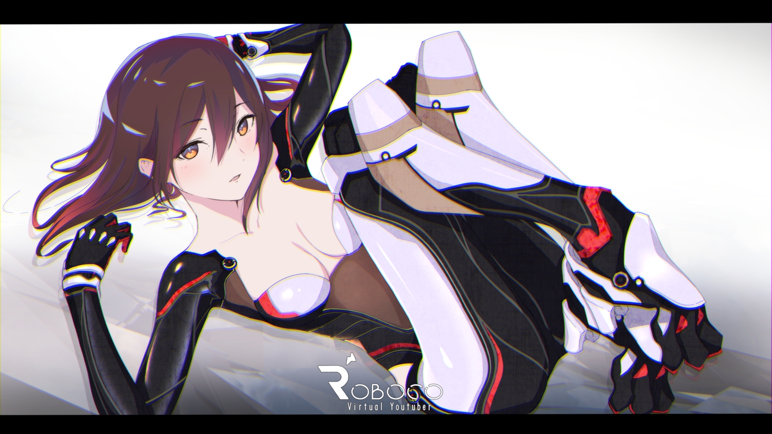 bodysuit, breasts, brown_hair, gloves, hololive, kisaragi_chiyuki, orange_eyes, roboco-san, short_hair