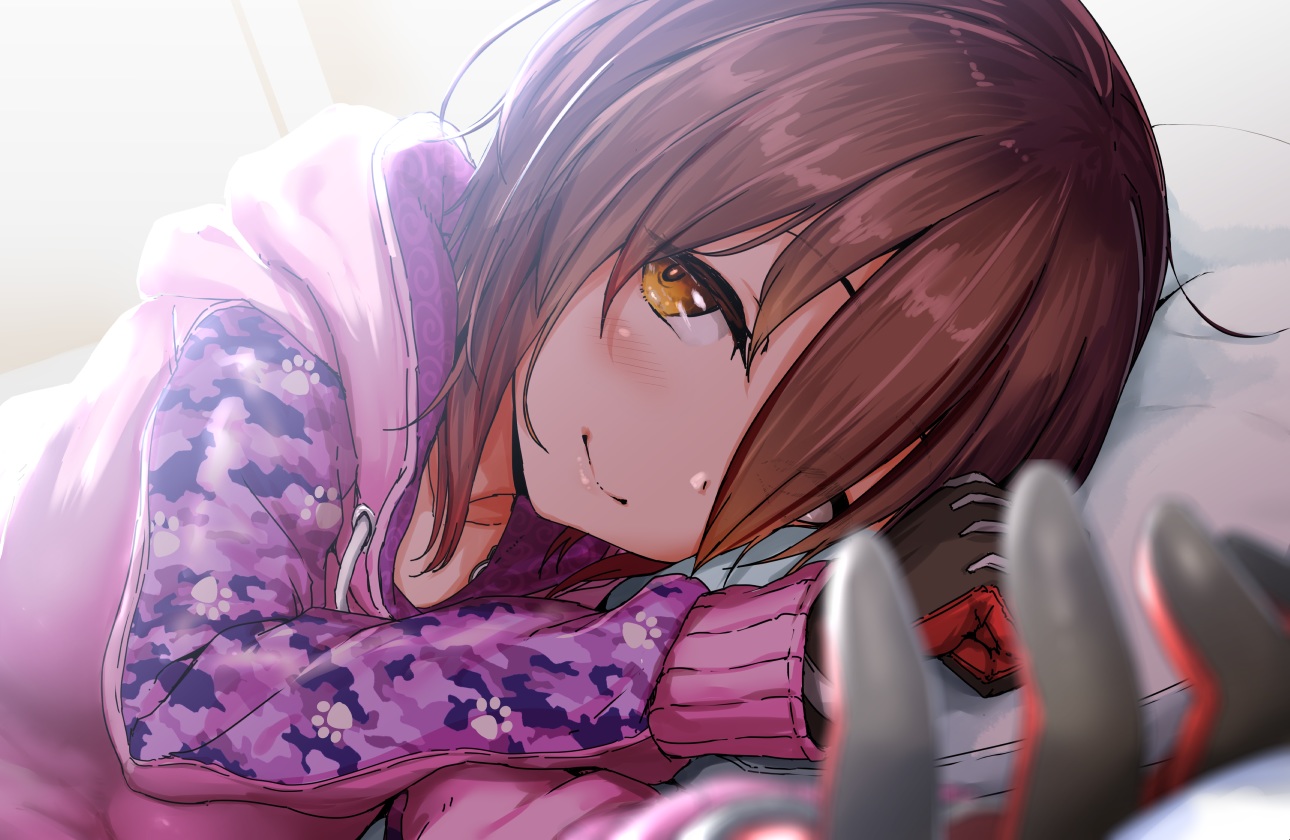 aoi_chizuru, bed, blush, brown_eyes, brown_hair, close, gloves, hololive, hood, orange_eyes, roboco-san, short_hair
