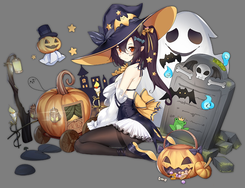 anthropomorphism, azur_lane, black_hair, bow, candy, dress, food, halloween