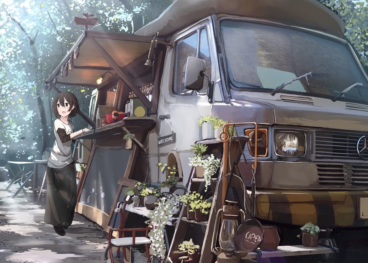 apron, bell, brown_eyes, brown_hair, car, flowers, jpeg_artifacts, original, sakeharasu, short_hair, tree