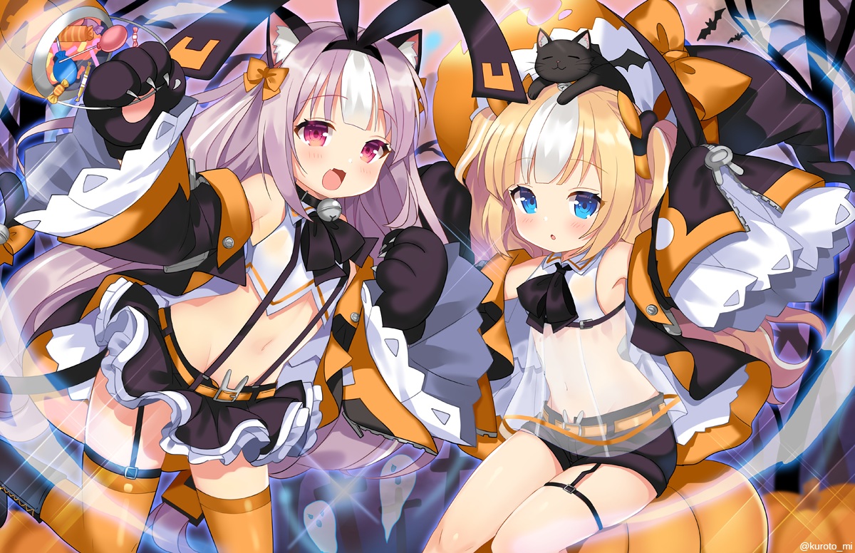 2girls, animal, animal_ears, anthropomorphism, aqua_eyes, azur_lane, bat, bell, blonde_hair, blush, boots, bow, bunny_ears, bunnygirl, candy, cat, catgirl, collar, cosplay, cross, fang, food, garter_belt, gloves, halloween, hat, headband, hobby_(azur_lane), kalk_(azur_lane), kurot, loli, long_hair, navel, pink_eyes, purple_hair, short_hair, shorts, skirt, tail, thighhighs, twintails, watermark, witch_hat, zettai_ryouiki