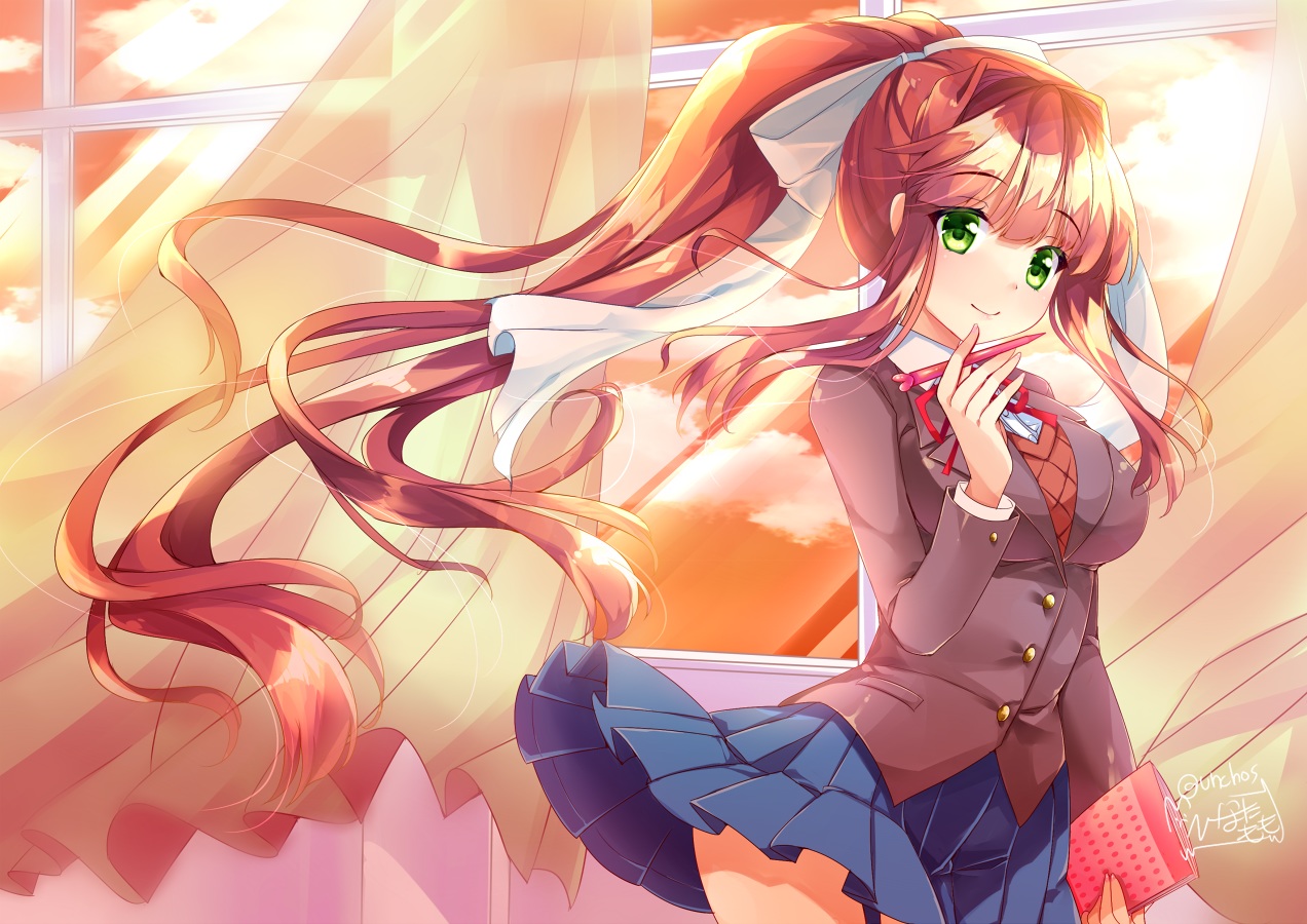 book, bow, breasts, clouds, doki_doki_literature_club!, green_eyes, hinata_momo, long_hair