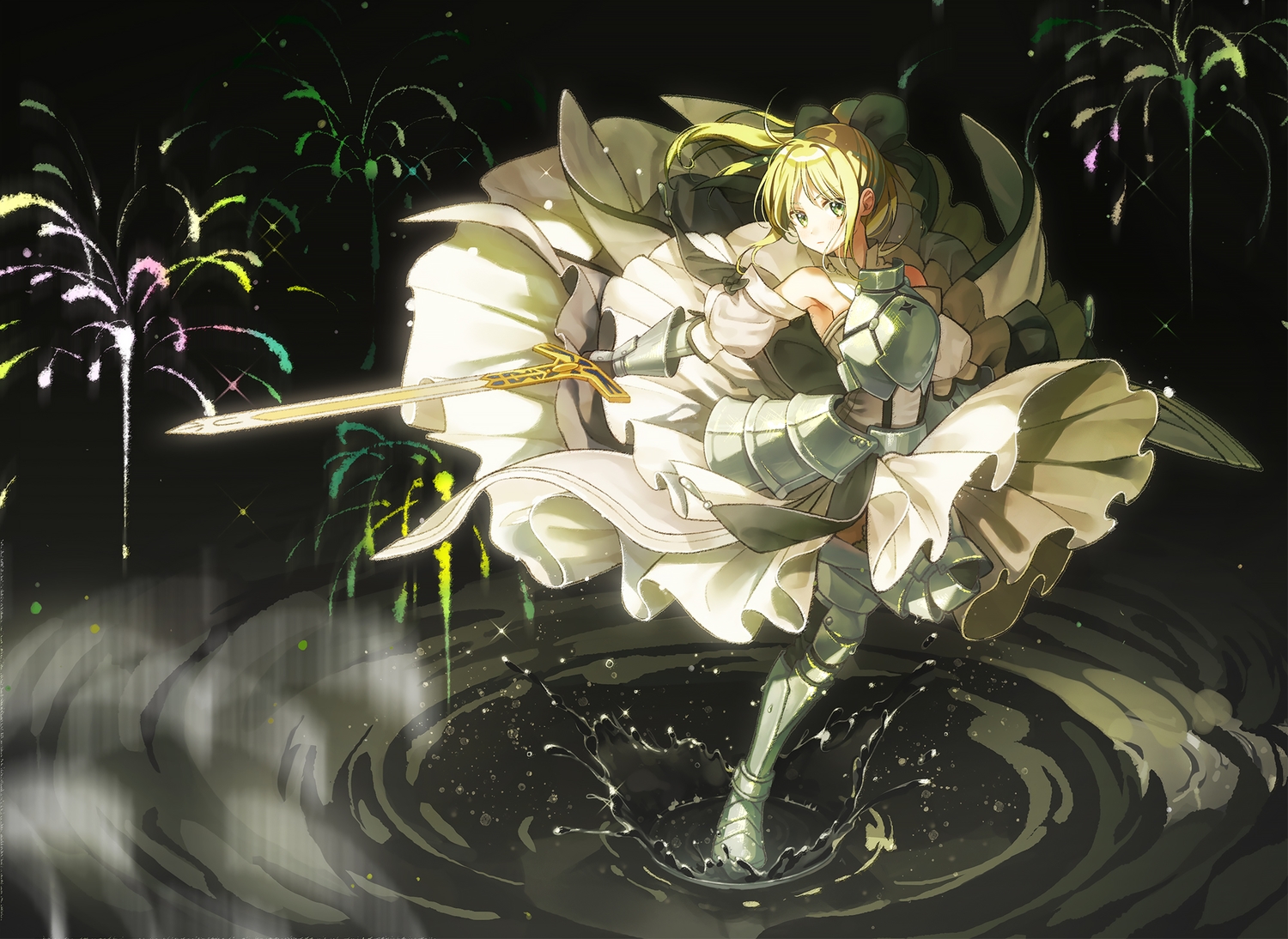 armor, artoria_pendragon_(all), blonde_hair, boots, dress, fate/grand_order, fate_(series), fate/unlimited_codes, fireworks, gloves, green_eyes, je35353577, long_hair, ponytail, saber, saber_lily, sword, water, weapon