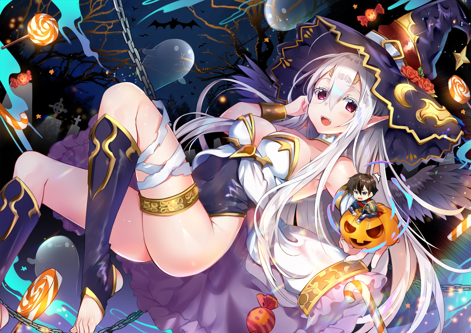 animal, bandage, bat, bodysuit, brown_hair, candy, chain, chibi, choker, cross, flowers, food, gray_eyes, halloween, hat, langrisser, lollipop, long_hair, male, night, pointed_ears, pumpkin, purple_eyes, rose, short_hair, tree, usagihime, white_hair, wings, witch_hat, wristwear, zelrida_(langrisser)