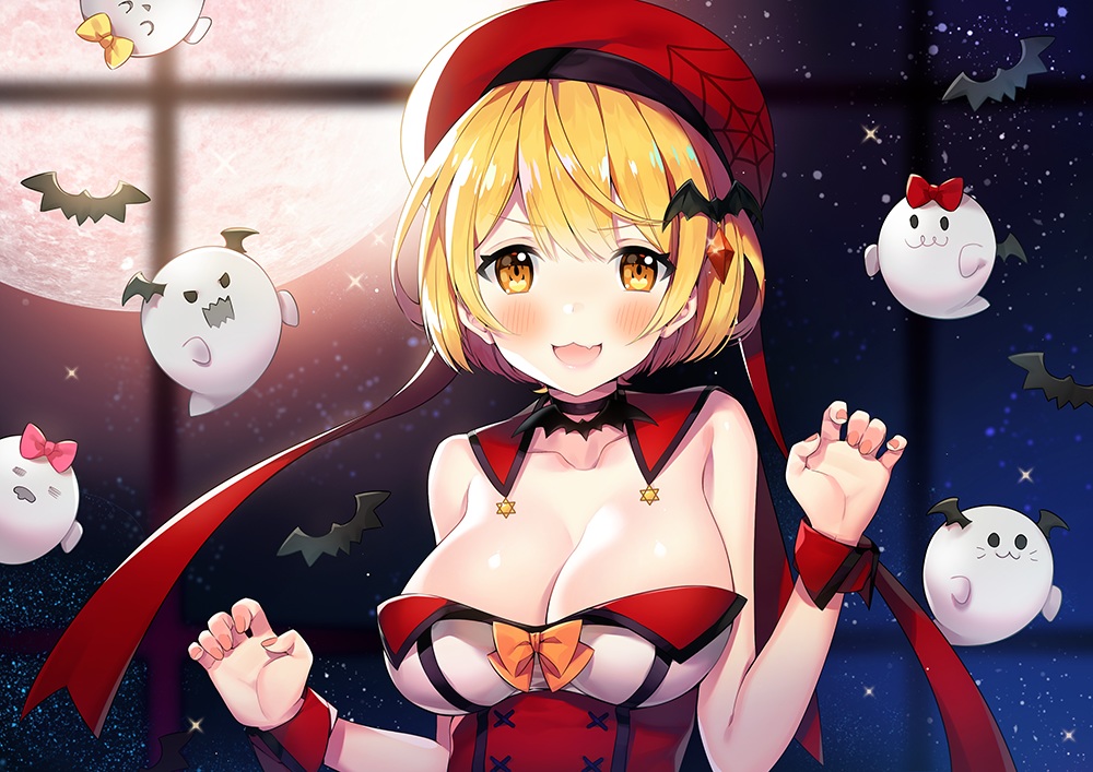 animal, ayamy, bat, blonde_hair, blush, bow, breasts, cat_smile