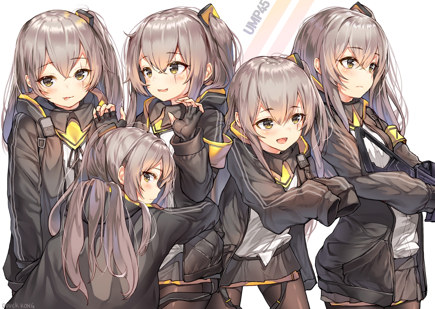 anthropomorphism, blush, girls_frontline, gloves, gray_hair, gun, hood, lee_seok_ho