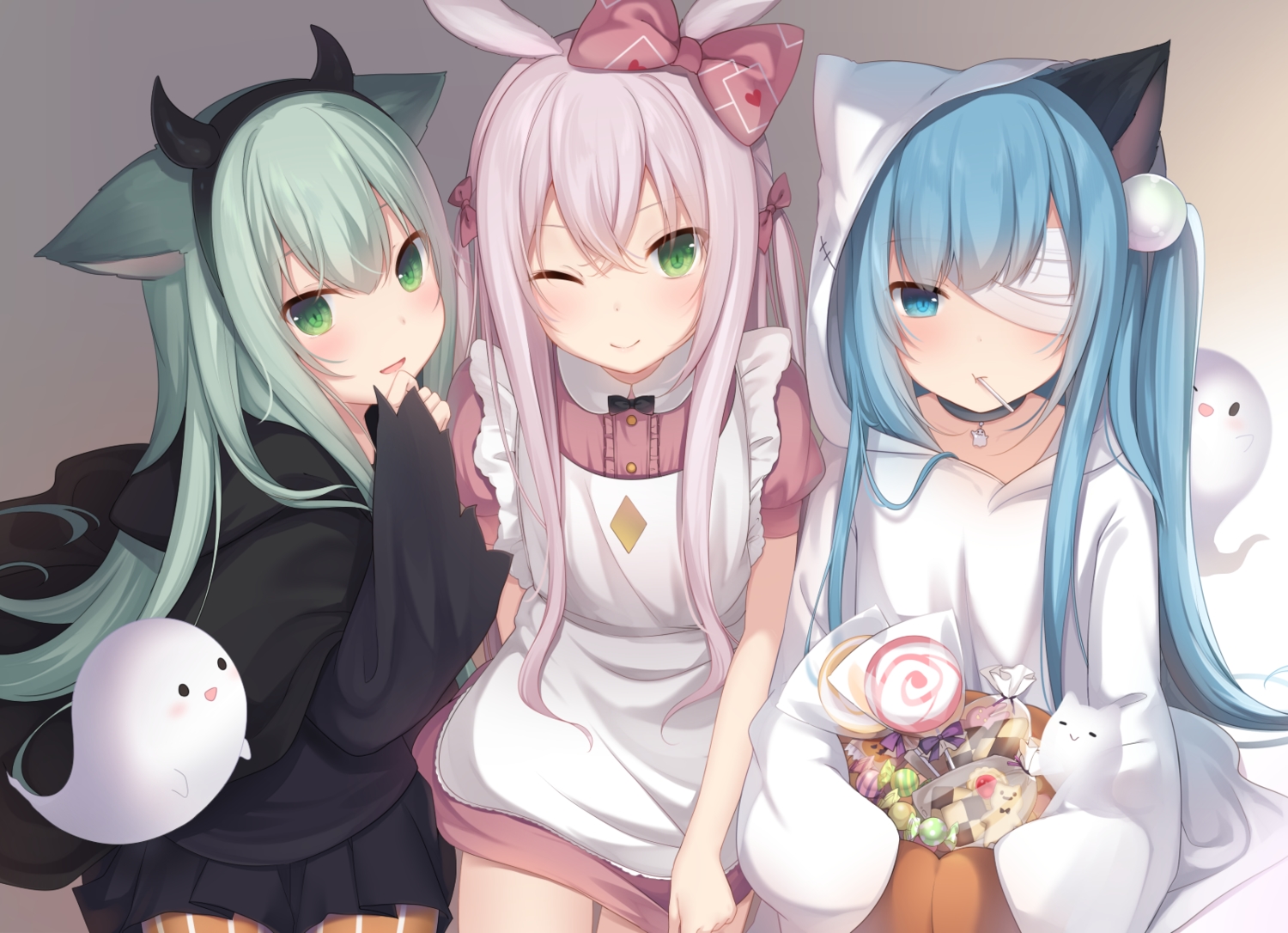 amashiro_natsuki, animal_ears, apron, aqua_eyes, blue_hair, bow, bunny_ears, bunnygirl