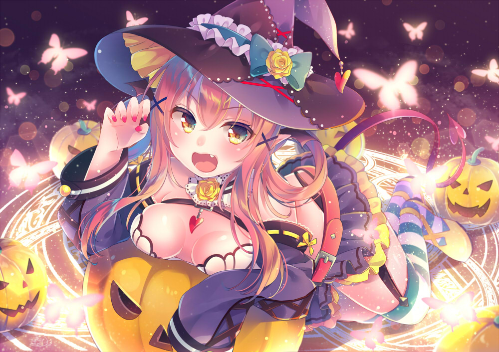 bow, breasts, butterfly, choker, fang, flowers, garter_belt, halloween
