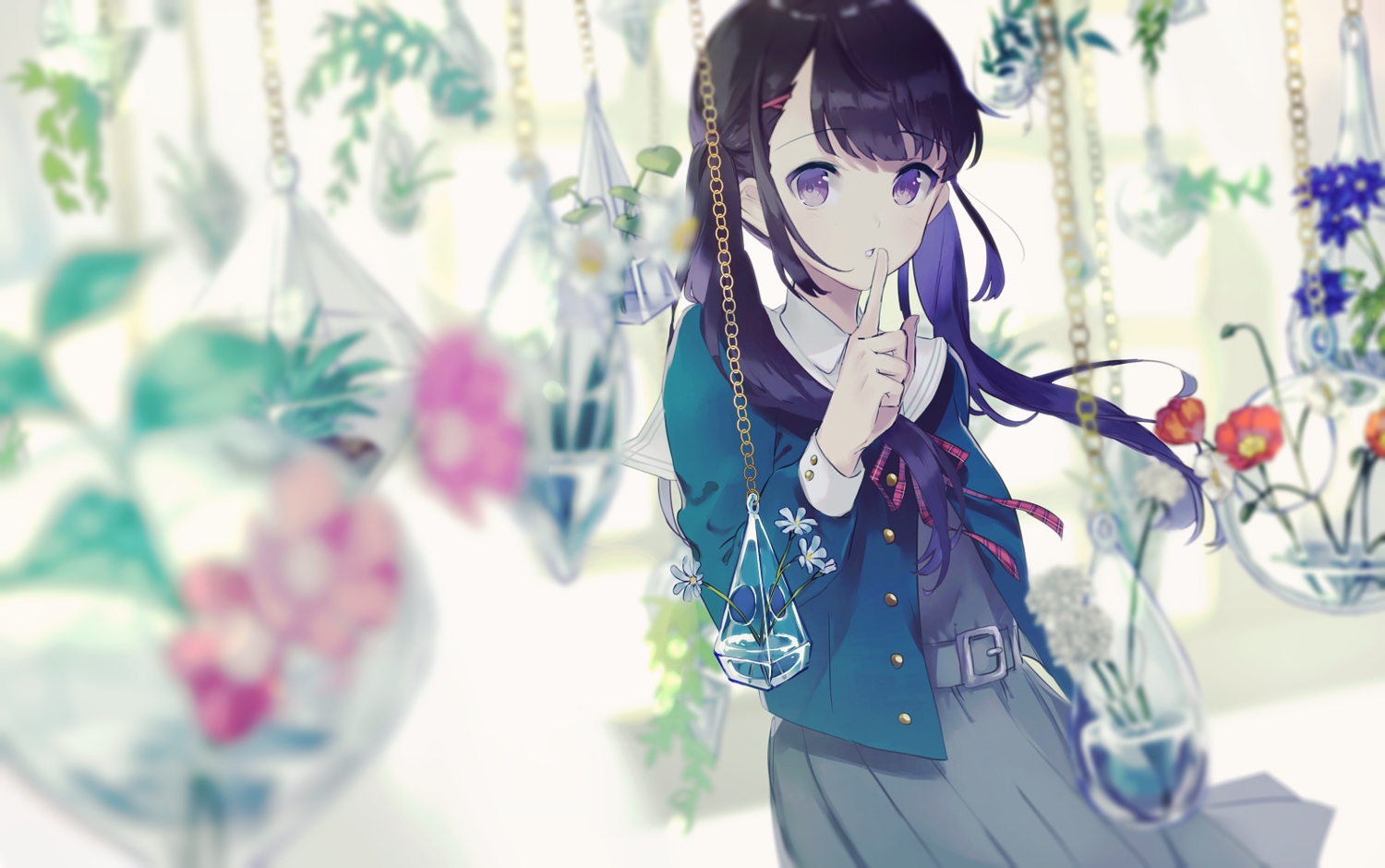 black_hair, chain, dress, flowers, kusaka_kou, long_hair, original, purple_eyes, ribbons, twintails, water