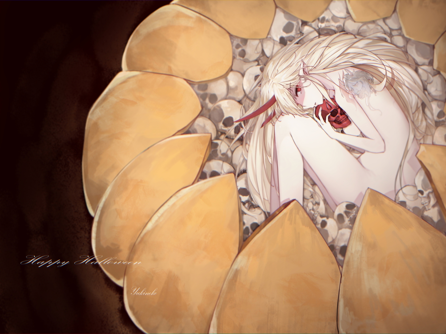 blonde_hair, demon, halloween, horns, long_hair, original, pointed_ears, pumpkin
