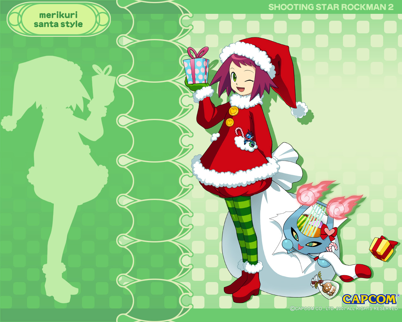 boots, capcom, christmas, flat_chest, green_eyes, harp, hat, hibiki_misora
