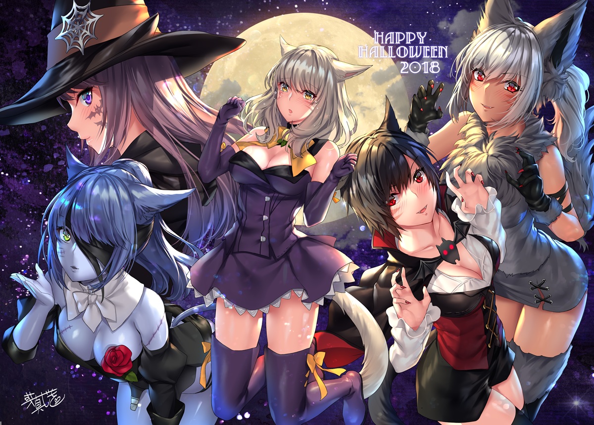 animal_ears, aruma_jiki, black_hair, blonde_hair, blue_hair, blush, boots, bow