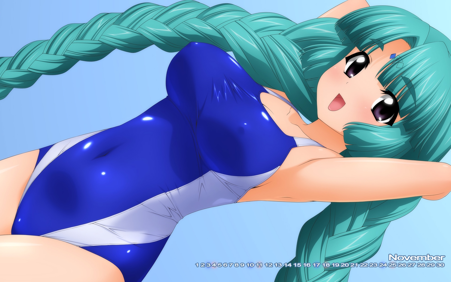 aqua_hair, braids, calendar, canal_volphied, close, erect_nipples, long_hair, lost_universe
