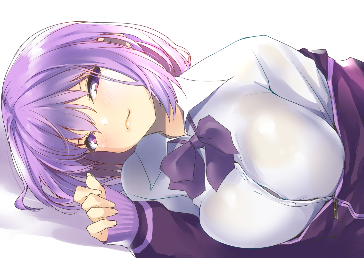 blush, bow, breasts, close, nukkoru, purple_eyes, purple_hair, school_uniform, shinjou_akane, short_hair, ssss.gridman