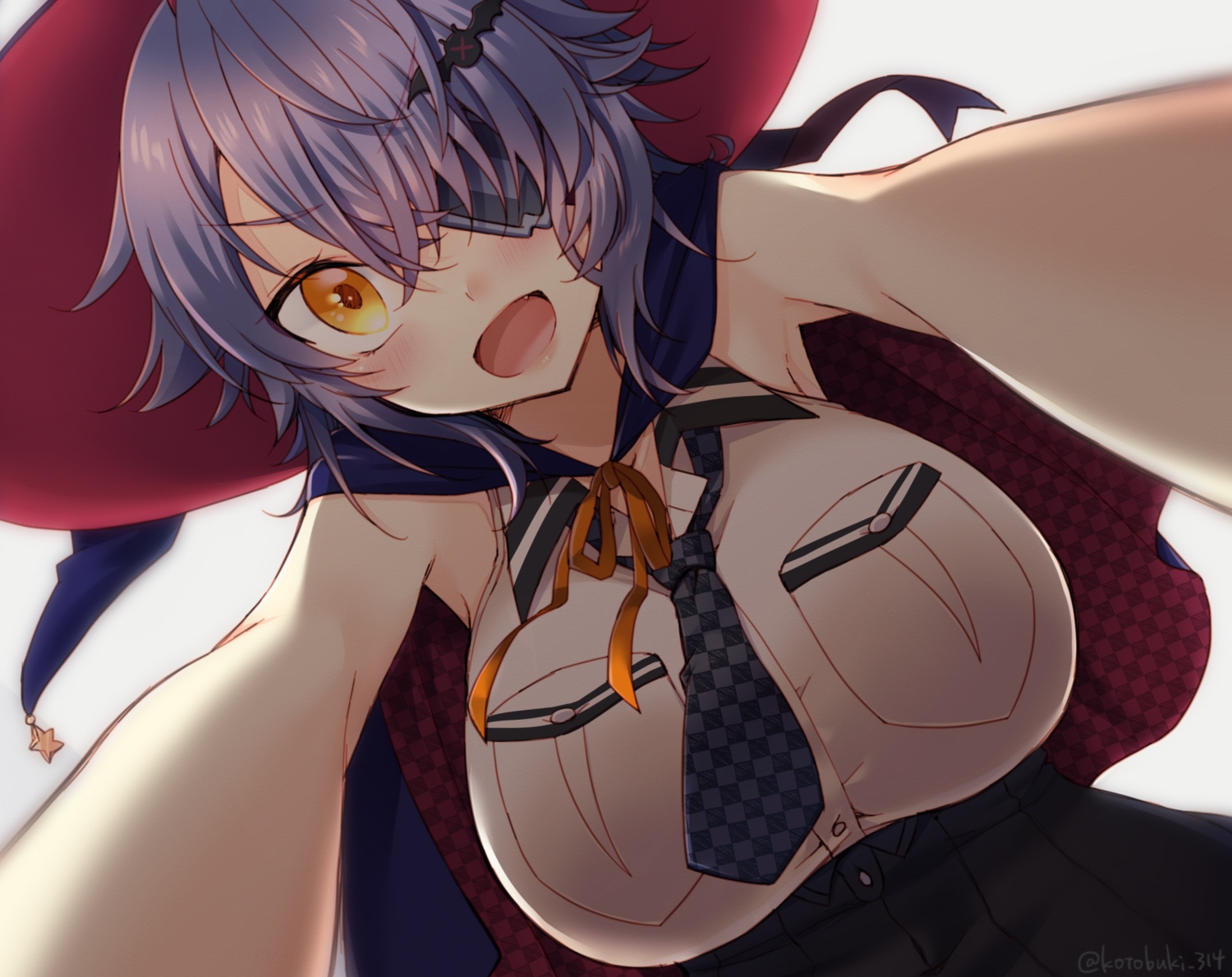 anthropomorphism, blush, breasts, cape, close, eyepatch, fang, halloween, hat, kantai_collection, kotobuki_(momoko_factory), orange_eyes, purple_hair, short_hair, signed, skirt, tenryuu_(kancolle), tie, uniform, witch_hat