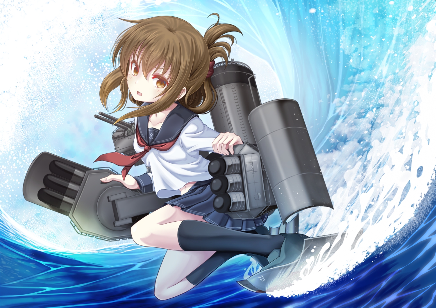 anthropomorphism, brown_eyes, brown_hair, inazuma_(kancolle), kantai_collection, kneehighs, navel, school_uniform, short_hair, skirt, water, weapon, yatsu_seisakusho