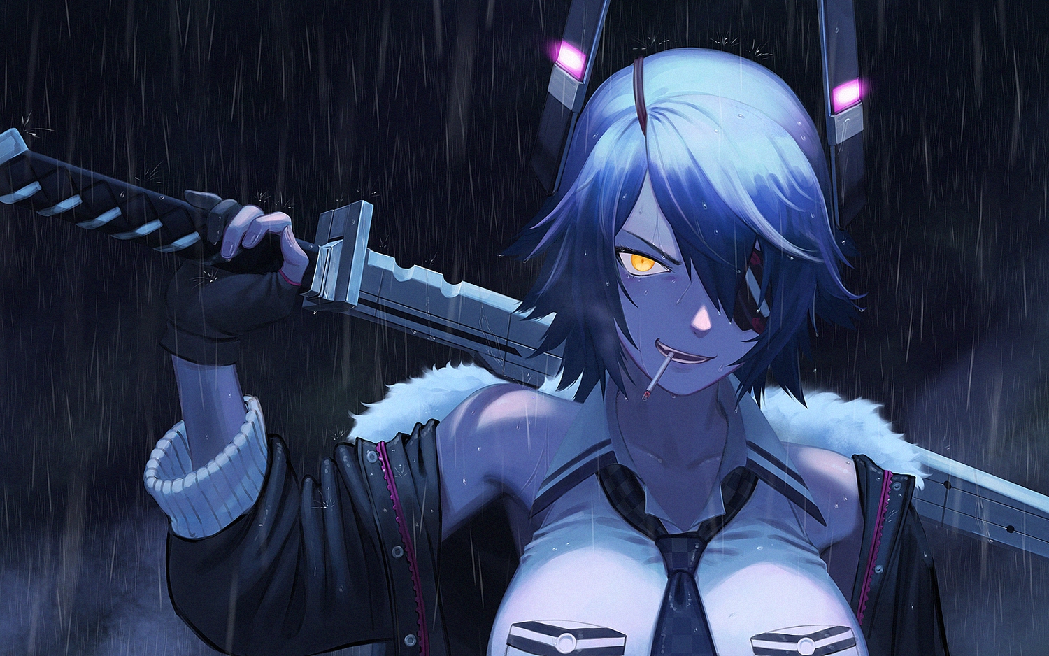anthropomorphism, blue_hair, cigarette, close, dark, eyepatch, kantai_collection, orange_eyes