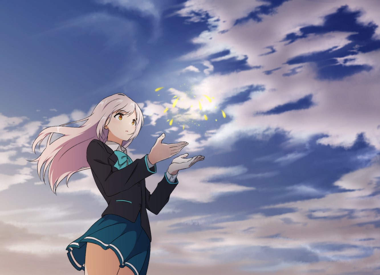 clouds, gray_hair, irozuku_sekai_no_ashita_kara, long_hair, motsutoko, orange_eyes, petals, school_uniform, skirt, sky, tsukishiro_hitomi