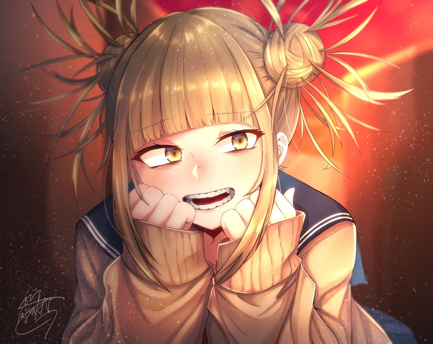 blonde_hair, boku_no_hero_academia, close, fang, school_uniform, short_hair, signed, taiyaking