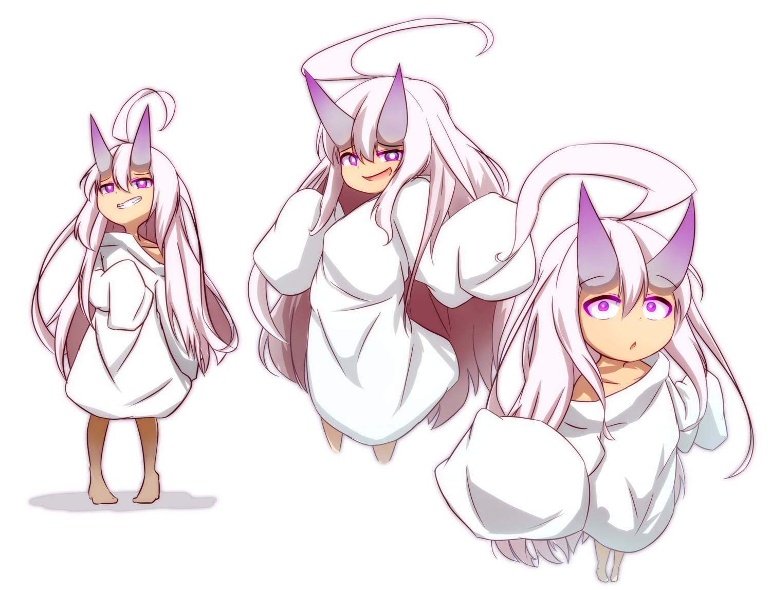 barefoot, fang, horns, idaten93, loli, long_hair, original, pink_hair, purple_eyes, ruua_(idaten93), white