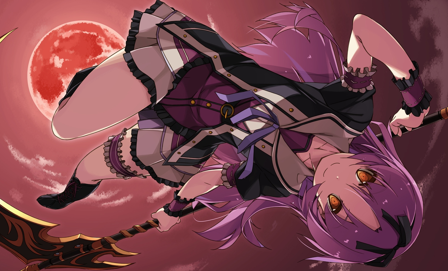 boots, clouds, eiyuu_densetsu, garter, long_hair, moon, orange_eyes, purple_hair, renne, scythe, sen_no_kiseki, shikei, sky, sora_no_kiseki, weapon