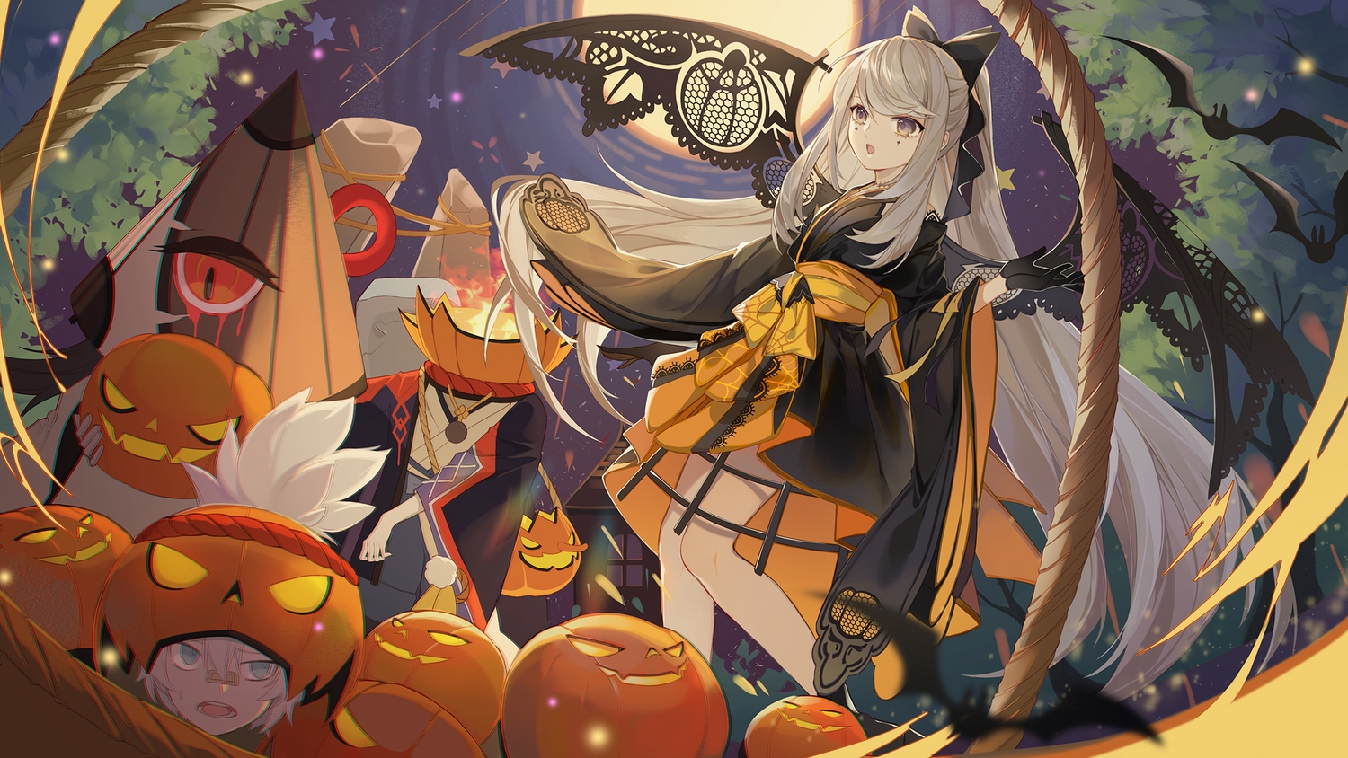 animal, bat, bow, dress, fire, gloves, gray_eyes, gray_hair