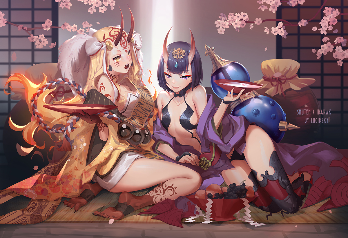 2girls, black_hair, blonde_hair, cherry_blossoms, demon, drink, fate/grand_order, fate_(series)