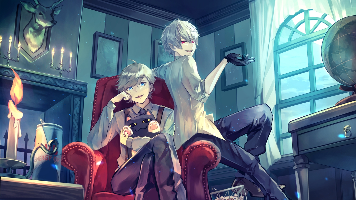 all_male, animal, aqua_eyes, brat, cat, fire, gloves, gray_hair