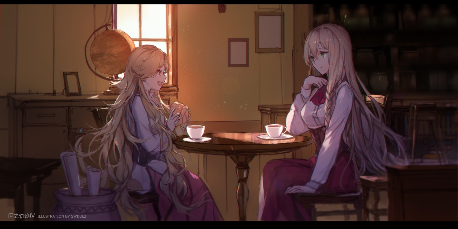 2girls, arianrhod, blonde_hair, book, braids, dress, drink, eiyuu_densetsu, food, green_eyes, long_hair, red_eyes, sen_no_kiseki, skirt, swd3e2, vermillion_roselia, watermark