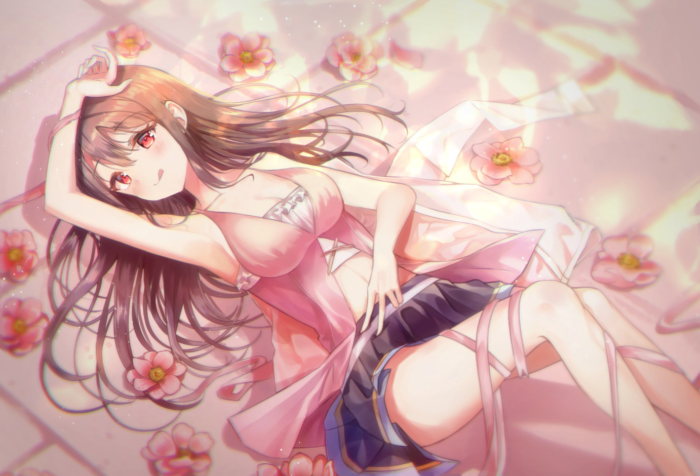 blush, brown_hair, flowers, long_hair, navel, neiless_neiro, original, red_eyes, ribbons, skirt