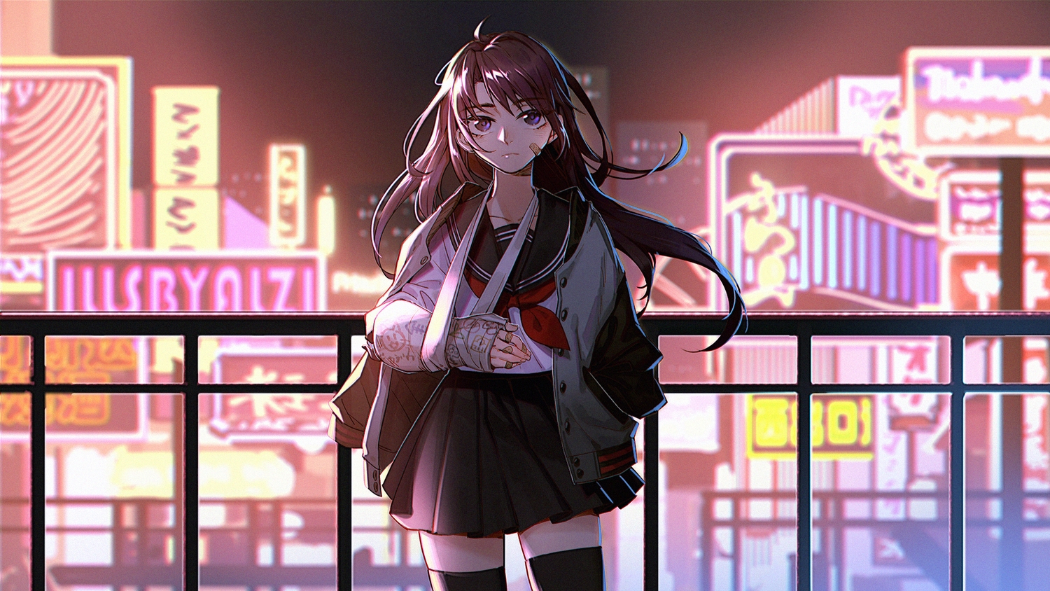 alzi_xiaomi, bandaid, brown_hair, building, city, long_hair, night, original