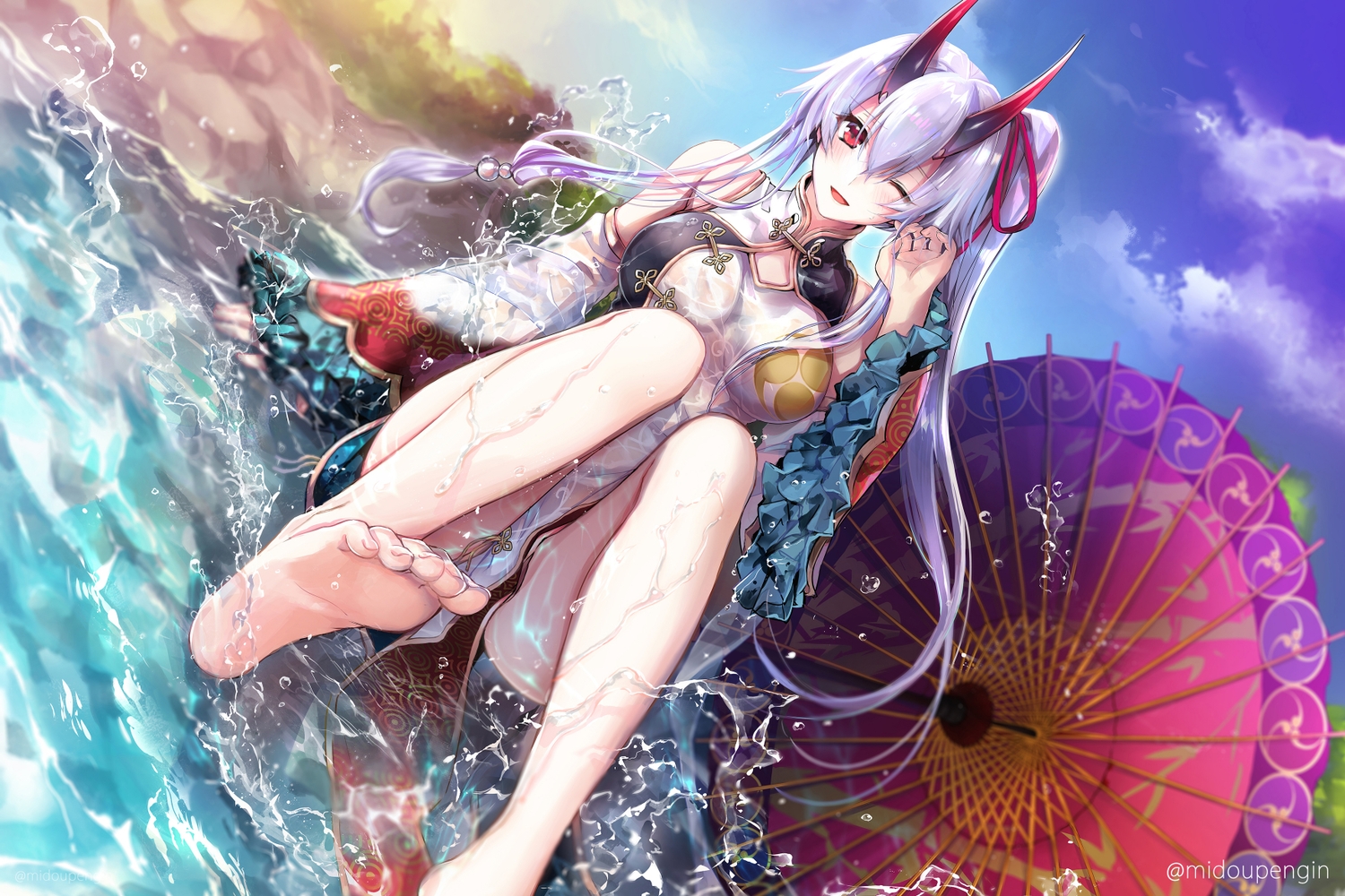 barefoot, chinese_clothes, chinese_dress, clouds, dress, fate/grand_order, fate_(series), horns, long_hair, mintes, ponytail, red_eyes, sky, tomoe_gozen, umbrella, water, watermark, white_hair, wink