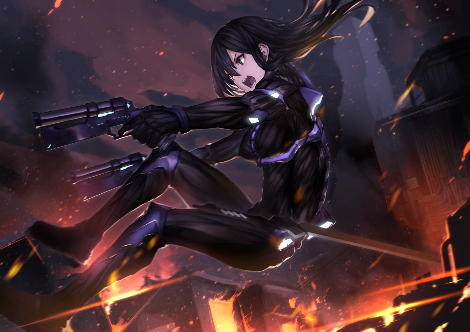 black_hair, bodysuit, brown_eyes, building, city, fang, fire, fixro2n