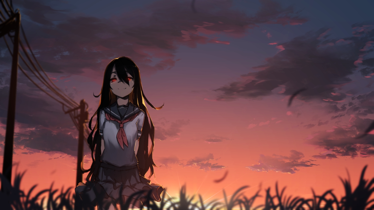 black_hair, clouds, fixro2n, grass, long_hair, original, red_eyes, school_uniform, skirt, sky, sunset