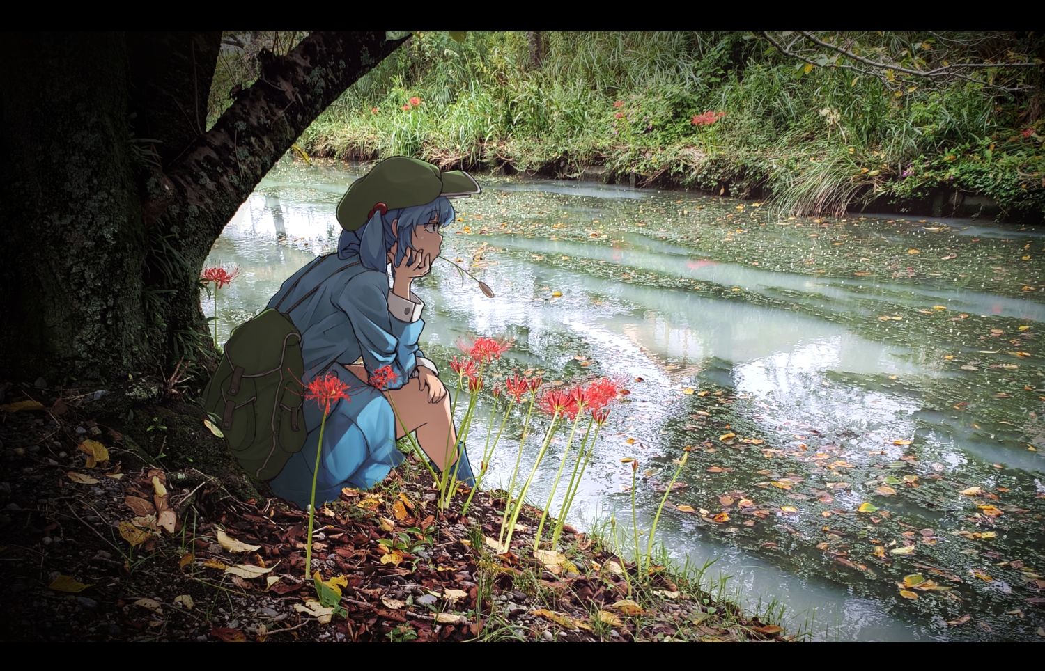 autumn, blue_eyes, blue_hair, boots, flanvia, flowers, hat, kawashiro_nitori, leaves, photo, scenic, skirt, touhou, tree, twintails, water