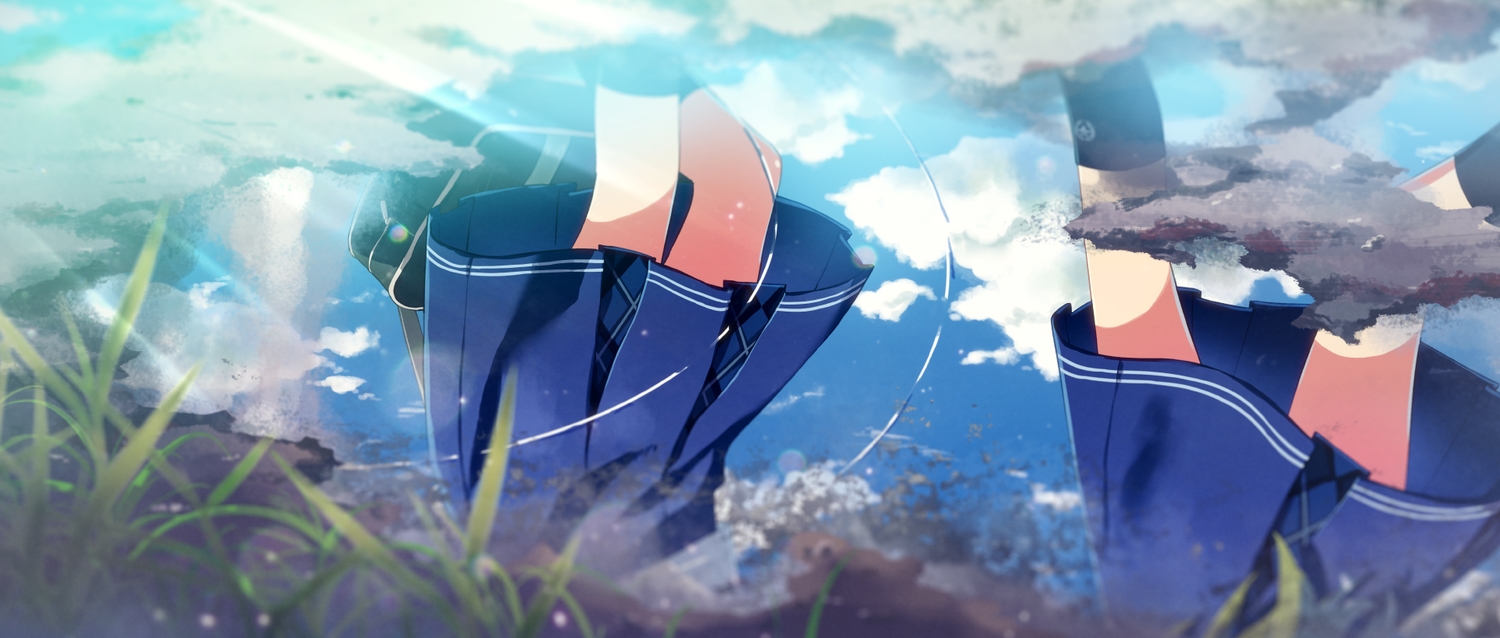 2girls, clouds, grass, idolmaster, idolmaster_million_live!, kneehighs, miyao_miya, reflection