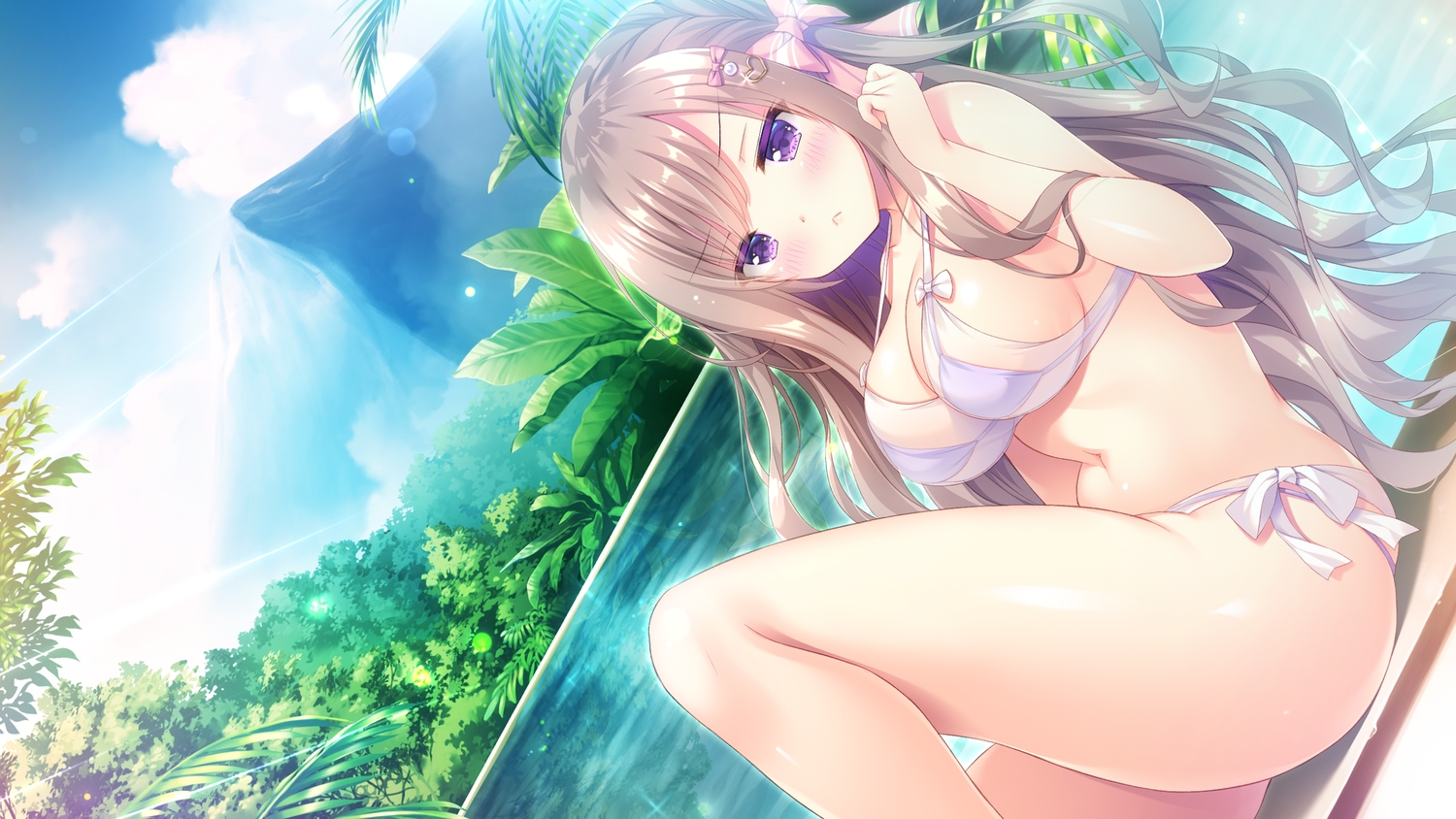 bikini, blush, bow, breasts, brown_hair, can_can_bunny_premiere_3, game_cg, long_hair, navel, purple_eyes, suzaki_kagome, swimsuit, tagme_(artist), water
