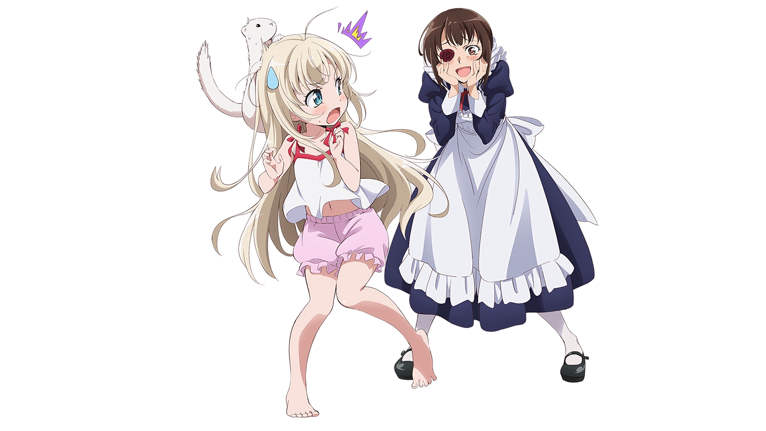 2girls, animal, barefoot, eyepatch, kamoi_tsubame, loli, maid, tagme_(artist), takanashi_misha, uchi_no_maid_ga_uzasugiru!, white